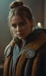 a woman in a coat looks into the distance