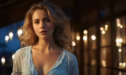 the blonde haired woman poses in front of lights