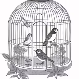 birds are on the inside of a cage,a cage with some birds inside of it