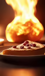 a piece of toast topped with cherries on a plate in front of a fire