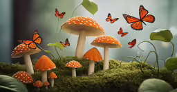 orange mushrooms are growing with a group of butterflies