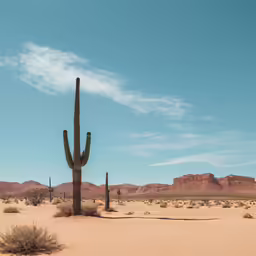 a cactus in a field with mountains in the background