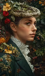 a woman with a wreath on her head in the midst of a group of leaves and flowers