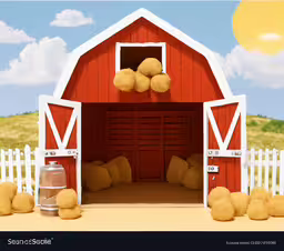 the barn and two barrels are filled with yellow pom - poms,red barn and white fence with hay balls and balls attached to it