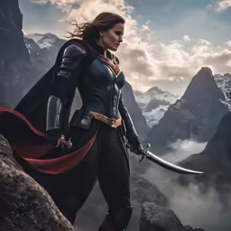 a woman dressed in a costume standing in the mountains
