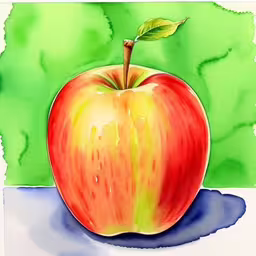 a red and yellow apple is in watercolor on a green background,an apple with a green leaf on it
