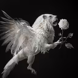 a white dog holding a flower while standing up