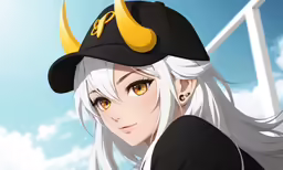 a anime character with long white hair wearing a black hat and yellow eyes