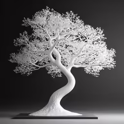an artistically decorated white bonsai tree on stand
