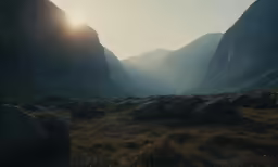 rocky mountains rise in the distance, where grass and stones are scattered