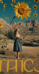 a young woman standing in front of a field with a giant sunflower