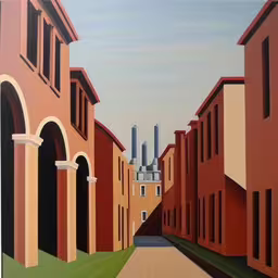 a painting of an alley way between brick buildings,an image of an art work with brown and tan colors