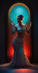 a woman in a long white dress is posed for the camera