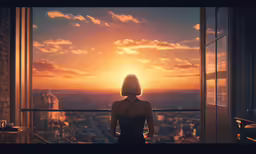 woman facing city at sunset looking out window