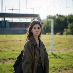 the young woman in a coat is standing by a soccer field