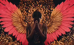 a woman with pink wings and dark skin