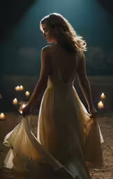 woman in long dress standing in front of light bulbs