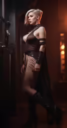 a woman with very thin legs posing naked in a dark room