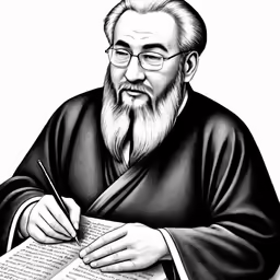 an illustration of a man with a long beard holding a pen and writing