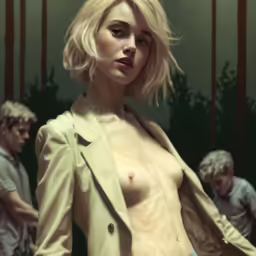 an artistic view of a nude women with men behind her