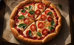 a large pizza with four slices cut into eight