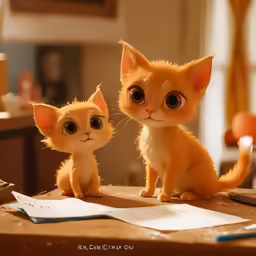 two little kittens, one sitting and one standing on desk