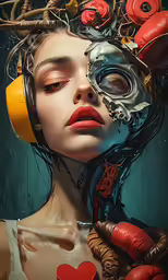 a painting of a woman with roses and head phones