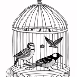 bird in cage with three birds flying around,a drawing of birds that are inside of a cage
