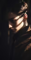 a woman is staring with serious and perspexed eyes