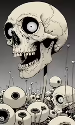 an illustrated artwork of a zombie head surrounded by spooky eyes