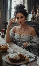 a girl sitting at a table eating some food