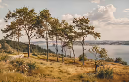 trees and grass on the side of a hill overlooking water