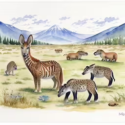 zebra and other wildlife are in the grassy meadow,a painting of a baby gazelle and its family