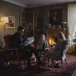 two people sitting down in chairs in a living room