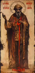 the monk in black with red accents and a beard