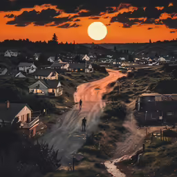 an aerial view shows houses, dirt road, and the setting sun