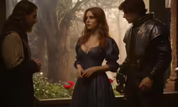 a woman standing next to a man in a dark costume