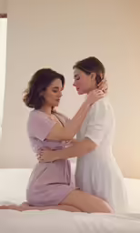 two women sitting on top of a white bed together