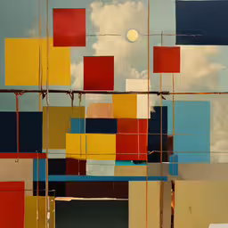 there is a very interesting painting that appears to be on display,a colorful painting with various shades of orange, red and yellow