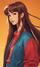 digital painting of a female character wearing a blue red jacket,a woman with long brown hair wearing a blue vest