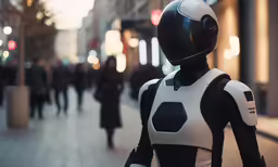 a person in a robot suit walks on the sidewalk