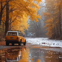 a vehicle is driving down a muddy road in the woods