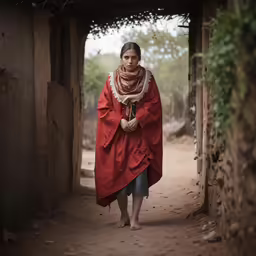 woman walking down a alley way wearing a red cape