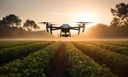 the remote controlled aircraft is flying low over the crops