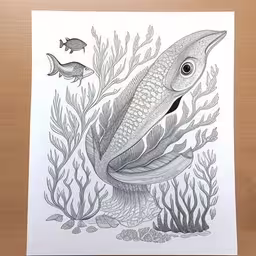 a drawing of an underwater creature with fish