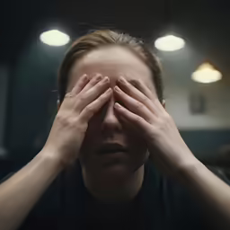 a woman covers her eyes with both hands
