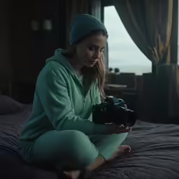 a woman sitting on top of a bed with a camera
