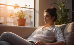 a woman sitting on a couch next to a window