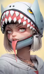 the young girl has her mouth open with a shark helmet on