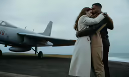 a woman and a man standing near a plane